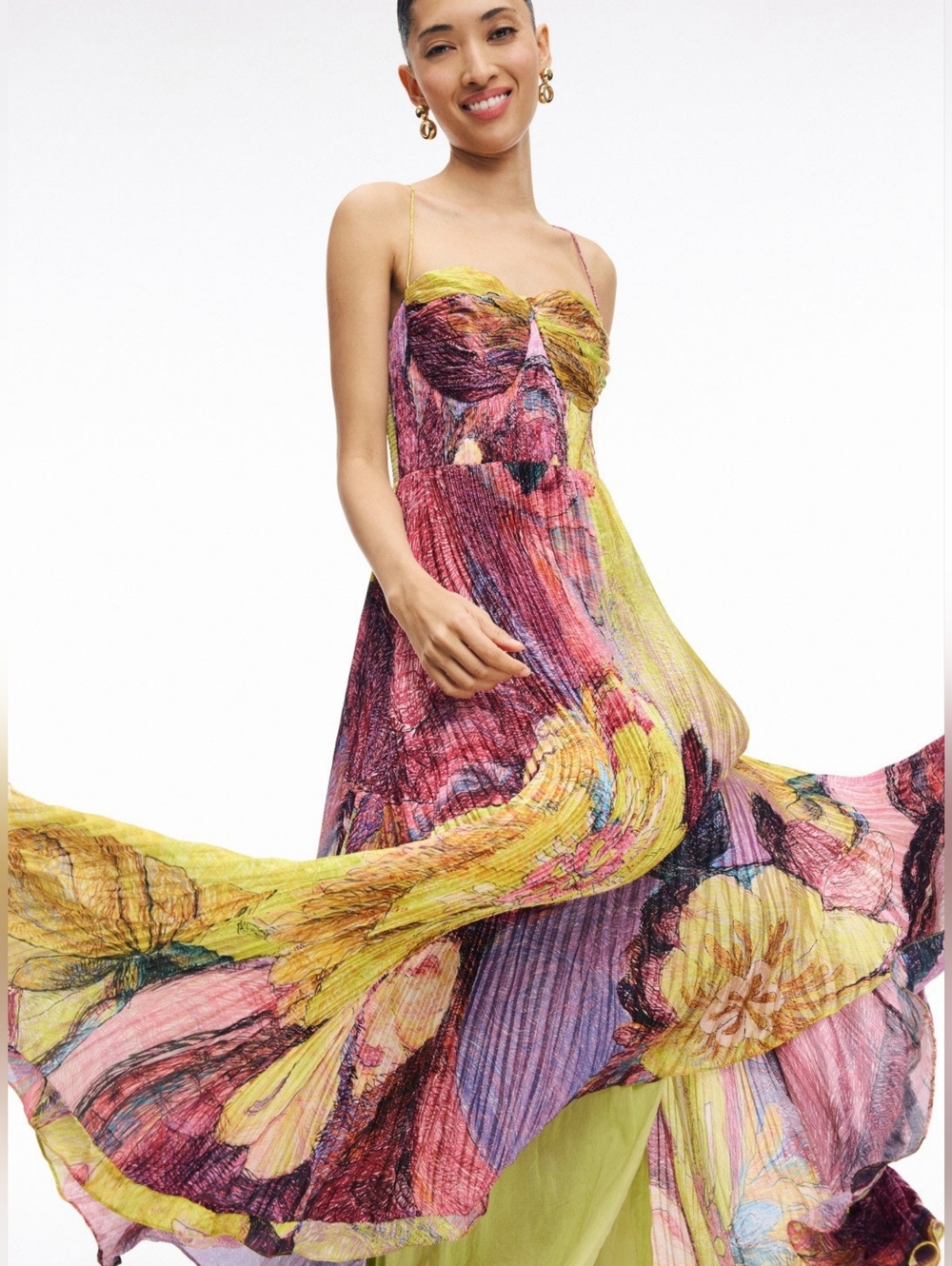 Floral Multicolor Pleated Maxi Dress with Spaghetti Straps
